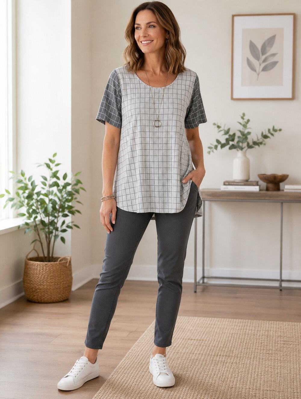 LuLaRoe Perfect T Large Gray Windowpane Plaid Swing Tunic Top NWT